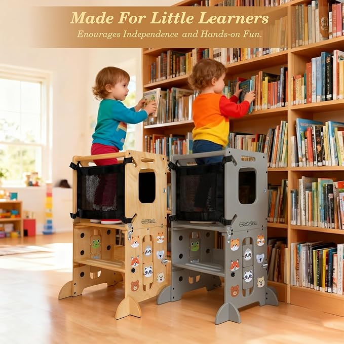 Toddler Kitchen Stool Helper, CPC Certified Foldable Toddler Tower, Learning Wooden Tower with Support Feet and Chalkboard, Anti-Drop Structure, Safe Design for Kids, Grey