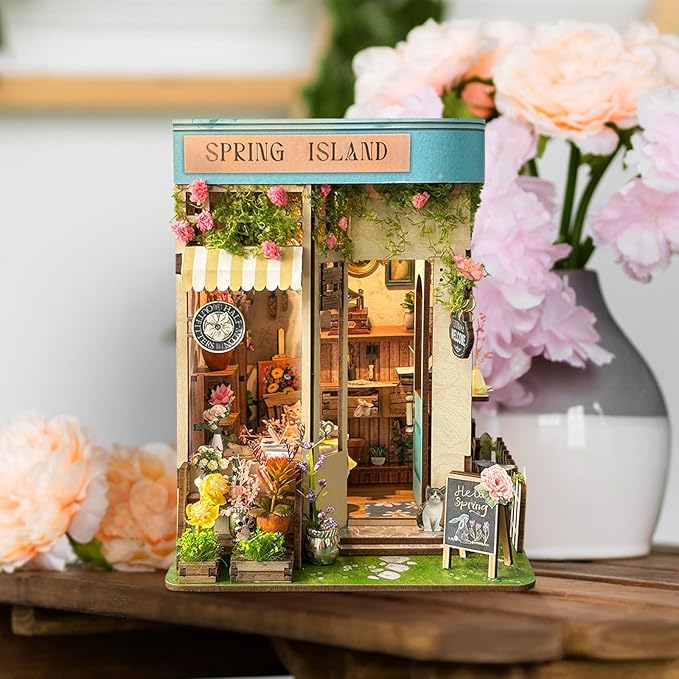 DIY Book Nook Kit, Miniature Bookshelf Decor with LED Lights, Laser-Cut Wooden Craft Set for Adults, Creative Gift for Christmas, Birthday, Spring Island