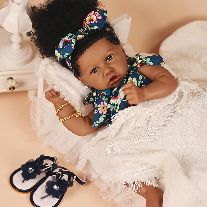HOOMAI Reborn Baby Black Dolls African American Lifelike Silicone Doll Realistic 22.8 Inch with Cloth Body Birthday Gift Set for Ages 3+