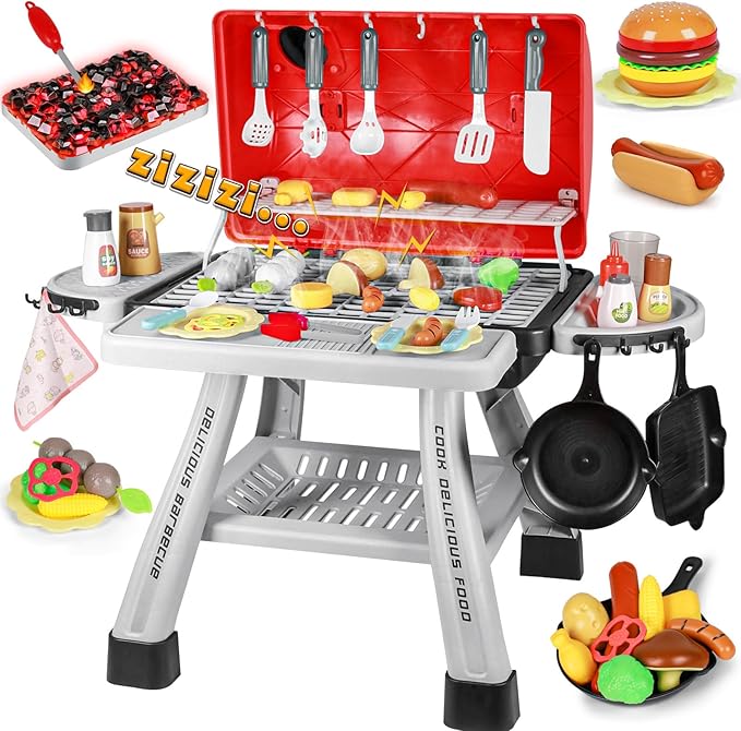 2025 Kids Kitchen Playset Toy Grill BBQ with Smoke Light Pretend Play Food Toys Cooking Set 2-Layer Barbecue Gifts for Toddler Boys Girls 3-5 6 7
