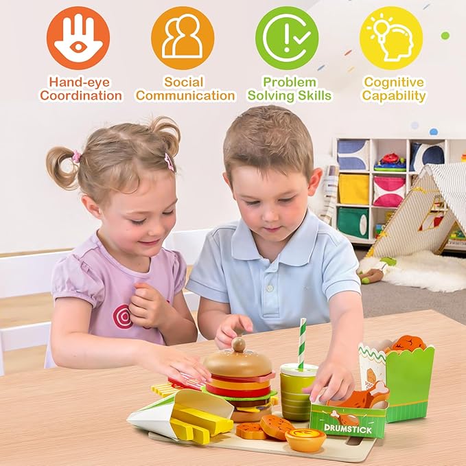 Wooden Hamburger Play Food Set for Kids, Fast Food Playset with Tray, Pretend Play Kitchen Accessories for Toddlers