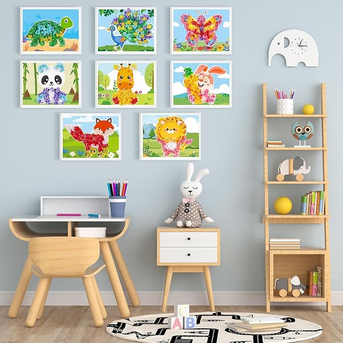 8PCS Poke-in Craft and Art Kit for Kids Animal Theme No-Mess Fabric Sewing Art Girls Boys 4-12 Puzzle Puncture Painting DIY Jungle Animal Toy Gifts for Creative Activity Game Birthday Party
