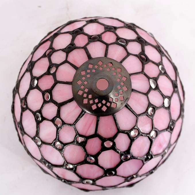 WERFACTORY Small Tiffany Lamp Desk Pink Stained Glass Pearl Bead Mushroom Table Lamp Bronze Mini Accent Lamp W8H11 Inch S005P Series