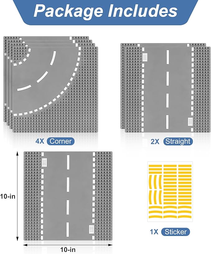 6 Pack Road Base Plates for Building, Compatible with Lego Classic Bricks, 10” x 10” Baseplates Fits for Lego Roads, Road Base Plates for City Sets (Attached DIY Stickers)