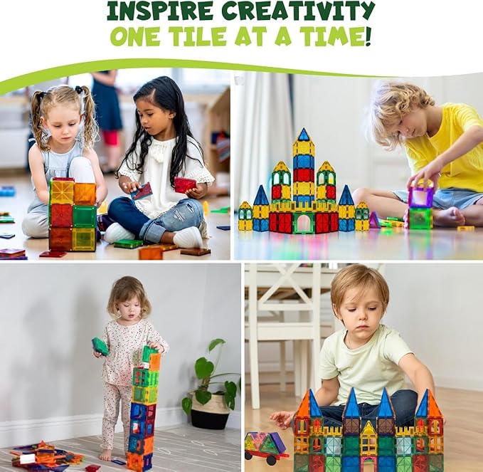 Magnetic Tiles 136 PCS with 2 Cars – STEM Building Blocks for Kids, Educational Gift for Boys & Girls