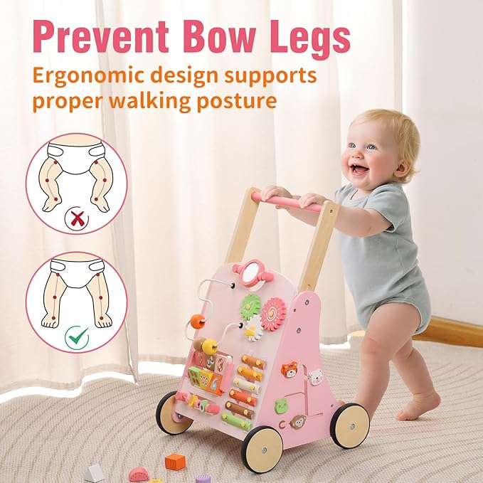 CUTE STONE Wooden Baby Walker, Montessori-Style Push Walker with Activity Center, Adjustable Height, Push Toys for Toddler Development, First Birthday Gift for Kids Pink