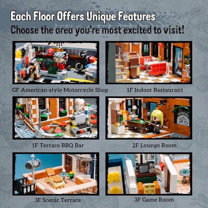 PANTASY Retro Motorcycle Diner & Bar Building Set - Modular Street Corner Architecture Kit with Interactive Doors, Openable Walls, 4 Motorcycles & 5 Exclusive Minifigures for Display & Play