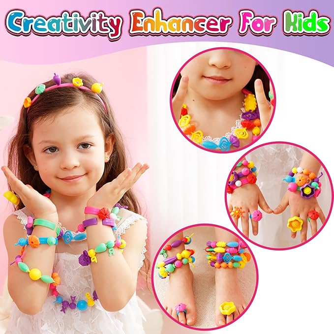 FUNZBO 850pcs Pop Beads - Jewelry Making Kit for 3 4 5 6 7 8 Year Old Little Girls, Arts and Crafts Toys for Kids, Necklace Bracelet Ring Hairband Creativity Snap Set Holidays Birthday Gifts