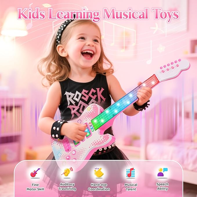 Electric Guitar and Microphone Set for Kids, Toddlers Musical Instruments Starter Kit with Guitar Microphone Lifting Stand, Pink Karaoke Machine with Mic for Boys Girls Infant Christmas Gifts