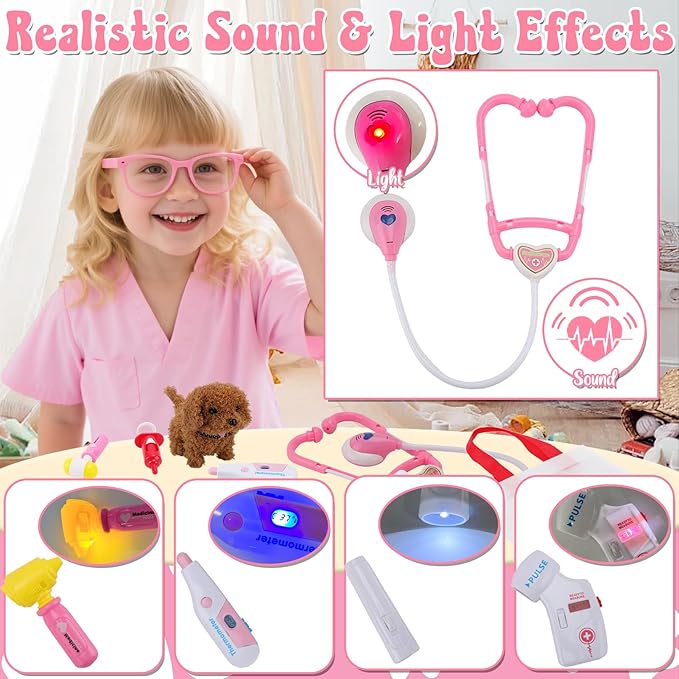 Toy Doctor Kit for Girls - TEUVO Pretend Play Doctor Set with Dog Toy, Carrying Bag, Stethoscope, Dress Up Costume - Toys Doctor Play Birthday Gift for Kids Toddlers 2 3 4 5 6 7 Year Old for Role Play