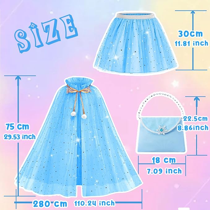 Princess Cape Set for Little Girl, 11PCS Princess Dress Up Clothes Cape Clock with Skirt for Girl 3-8 Birthday Gift