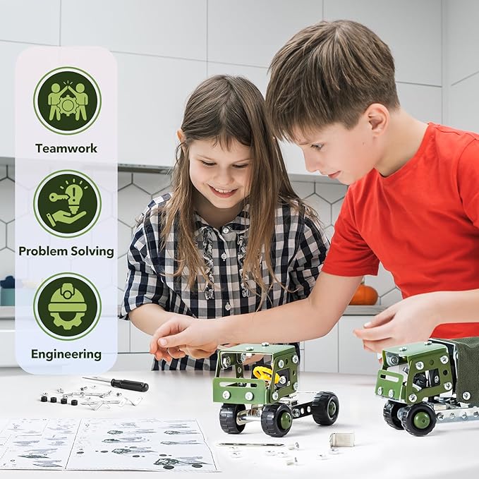 Military Truck STEM Building Toy Set for Boys Age 8-12 - Metal Army Toys Model Car Kits - Engineering Projects for Kids 6-10 - Vehicles