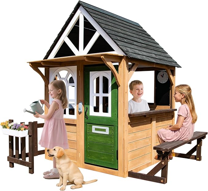 Kids Playhouse Outdoor, Wooden Play House Playset with Kitchen, Fence, Bench, Dog Door, Doorbell & Flower Pot,Fun Backyard Cottage for Ages 3-8 (Green)