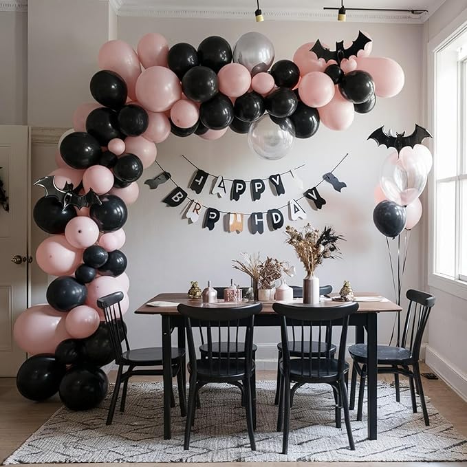 Pink and Black Balloons,12inch Pink Black Silver Halloween Balloons Bat Printed Party Balloons Pastel Pink Black Decoration for Boy Girls Halloween Themed Party Birthdays Holiday Party
