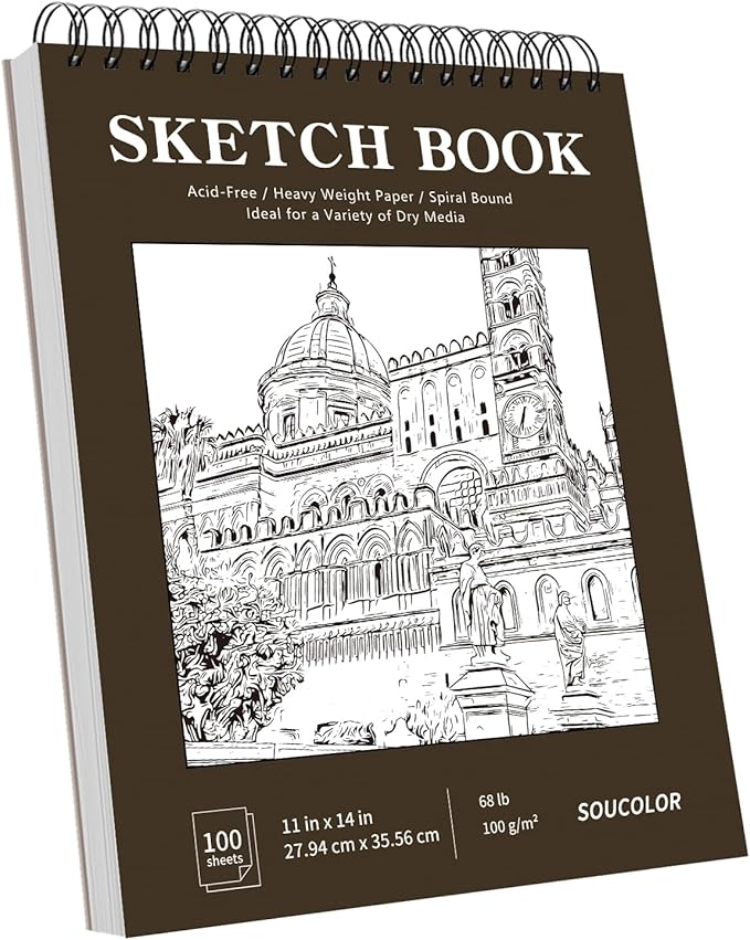 Soucolor 11" x 14" Large Sketchbook, 100 Sheets 68lb/100gsm Top Spiral Bound Large Sketch Pad, Acid Free Big Sketch Paper for Drawing, Illustration, Art Class Students