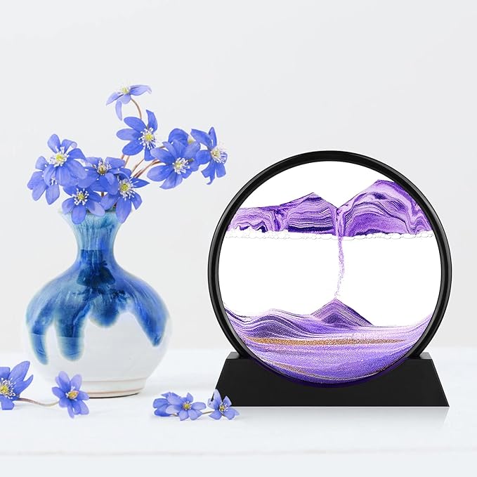Moving Sand Art Picture - 3D Quicksand Painting Decor - Round Glass 3D Deep Sea Sandscape - Relaxing Home Decoration Desk Toys for Home Office Desk Mantle Bookshelf- (Purple, 12 in)