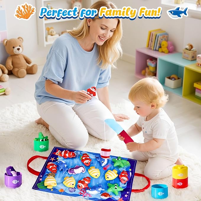 LovesTown Montessori Toys for Toddlers, Preschool Learning Toys Cloth Fishing Games with Stacking Cups Color Sorting Games for Kids Gifts for Boys Girls