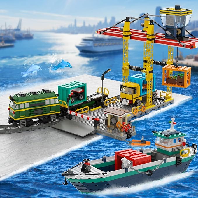 HOGOKIDS City Wharf Building Set with Crane - Includes Ship Train Truck, 4 Containers with Cargo Harbor Building Blocks | Large Construction Toy for for Adults Teens Kids Girls Boys 6-14+（1373PCS）