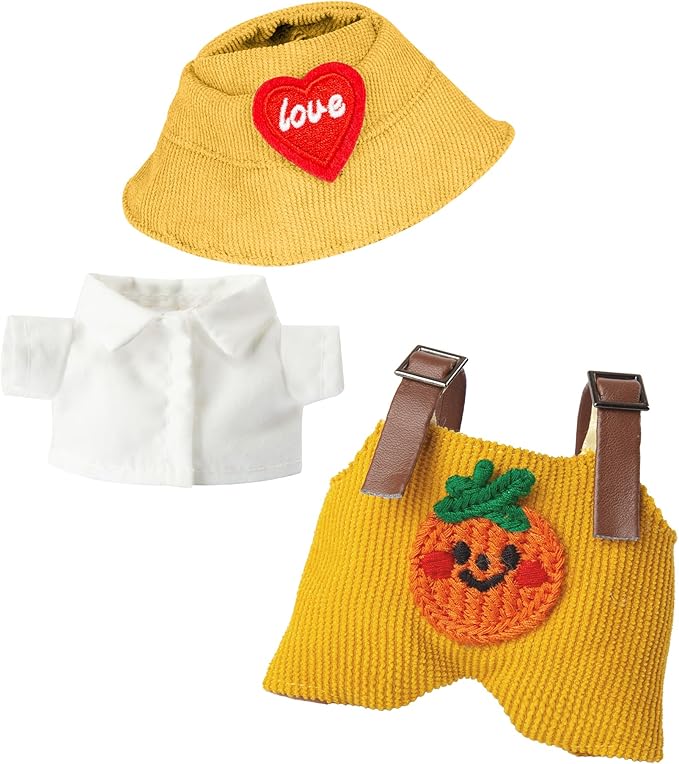 17cm Design Clothes for Labubu Doll - Kawaii Chic Style Set for 17cm Dolls, Cute Doll Outfit with Accessories - White Shirt + Yellow Pumpkin Romper + Heart Shaped Yellow Hat (Clothes Only)