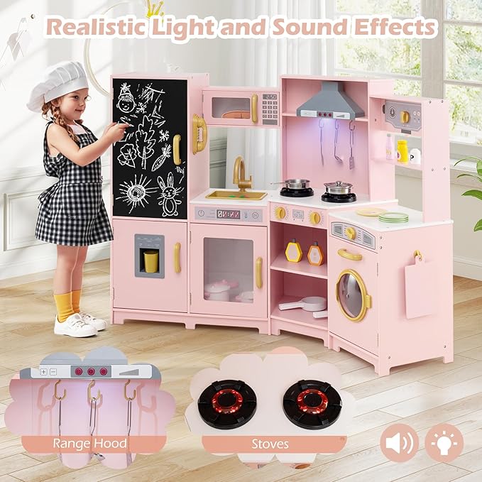 Costzon Corner Play Kitchen w/Lights, Sounds, Large Pretend Play Kitchen Set w/Blackboard, Microwave, Cooking Accessories, Wooden Montessori Sensory Toy for Kids 3+ Years Old (Pink)