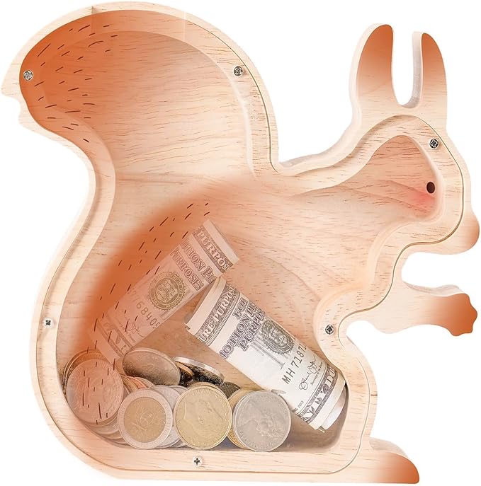 Wooden Squirrel Piggy Banks for Boys, Cute Unbreakable Money Coin Bank Jar, Safe Money Box, Transparent Saving Jar, Birthday Anniversary Baptism Gifts for Boys Toddler Squirrel Lovers