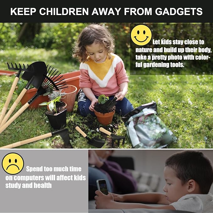 Kids Garden Tools, Rake and Shovel Set, 7 Pieces Gardening Tools for Yard, Beach, Camping Play, Outside Toys for Kids Ages 3 up Gift