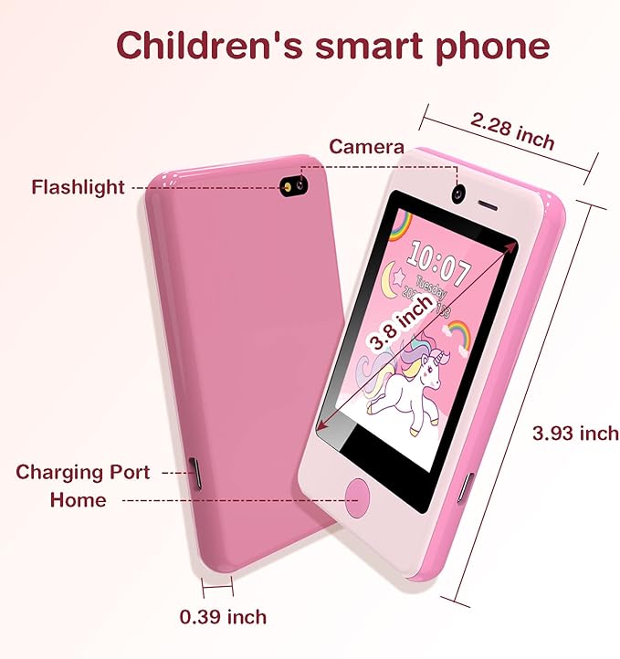 PTHTECHUS® Kids Phone Toy for Boys Girls, 3.8 "Touch Screen Toddler Smartphone with Fun Cameras 16 Games MP3 Music Player Audio Recorder Pedometer Torch Alarm Clock Children Phone for Ages 4-14