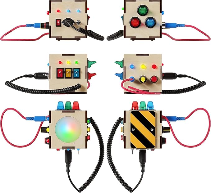 Crown Display Montessori Busy Board Fidget Cube for Toddlers {Improved 2023 Version} Wooden Sensory Activity Cube Toys LED Light Up Buttons Pluggable Wires Baby Gifts Educational Learning Toy