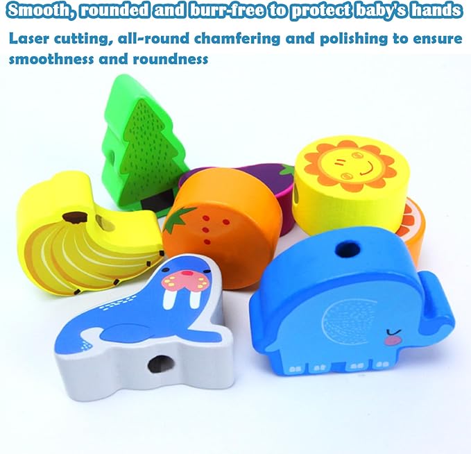 46 PCS Wooden Lacing Beads,Animals Fruits Threading Toys for Toddlers,Preschool Learning Lacing Toys,Montessori Educational Stringing Threading Beads Toys for Kids 3 4 5 6 Year Old Boys Girls
