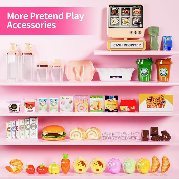 Toddler Toy Grocery Store, Supermarket Playset with Touch Voice Cash Register, Scanner, Coffee Maker, Play Food, Play Money, Pretend Play Toys for Toddlers Kids Birthday (Pink)