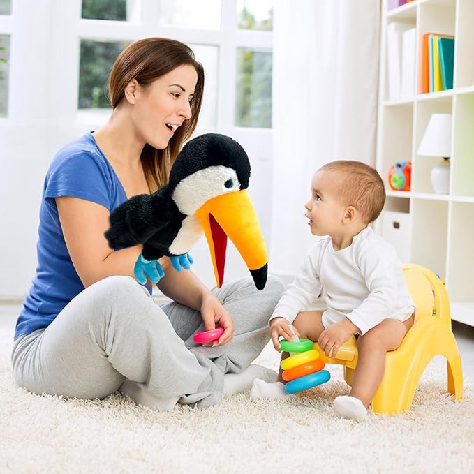 Puppet Toucan Hand Puppet,13.8" Animal Puppet Toucan Puppets Stuffed Animal Hand Puppets for Kids with Movable Mouth,Puppet Plush Multi-Color Toys Bird Puppet Role Play Teaching(Big Black)