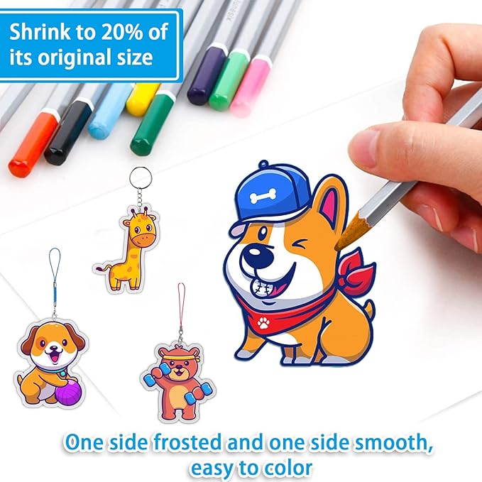 chfine Heat Shrink Plastic Sheets Keychain Kit, 200Pcs Shrinky Dink Sheets Kit Shrink Art Kits Including 20 Pcs Shrink Paper Sheets, Hole Punch, Pencils, Keychains, Tweezers, Scissors for Crafts