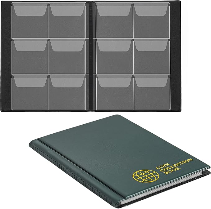 Coin Collection Album 60 Pockets - 4.5x4.5cm/1.8x1.8 inch Coin Holder Book Coin Storage Album Money Penny Pocket for Collectors Green CS0106GR