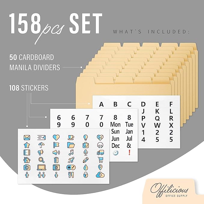 50 Heavyweight Manila Index Card Dividers with Tabs, 4x6 Blank, 108 Stickers - Monthly, Recipe & Greeting Card Dividers