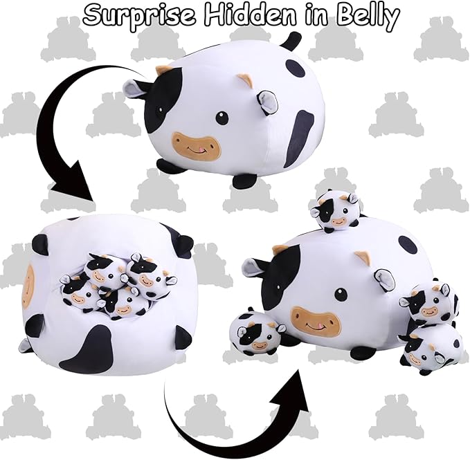 SQEQE Cow Stuffed Animal 5 in 1, Cute Cow Plush Bedtime Toys, Ultra Soft Dairy Cattle with 4 Babies Inside, Milk Cows Soft Plushies Pillow Gift for Kids Birthday Christmas Valentine's