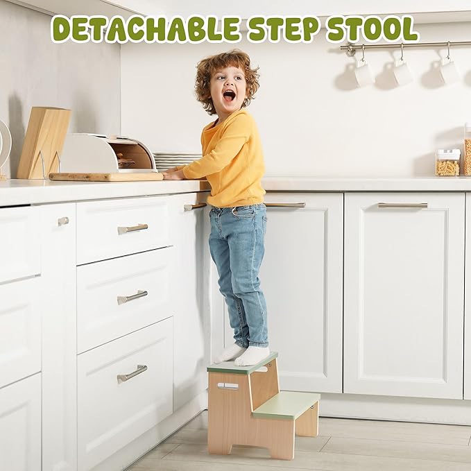 ROBUD Toddler Tower Adjustable Kitchen Stool Helper with Chalkboard, Hooks and Anti-Tip Design, Movable Kids Step Stool with Cute Safety Rail, Montessori Activity, Morandi Green