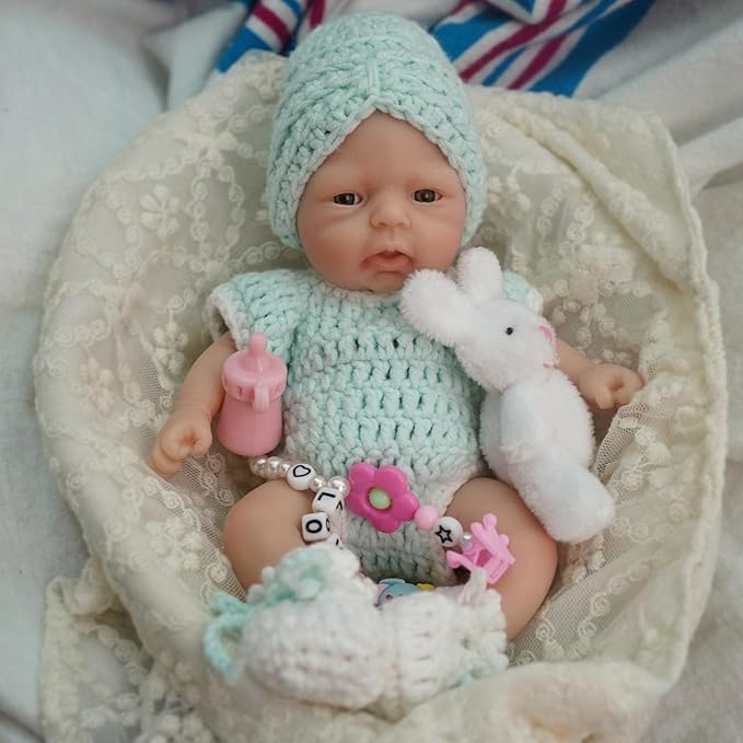 7 Inch Mini Silicone Baby, Reborn Baby Dolls Silicone Full Body Girl Cindy, Realistic Newborn Baby Doll Real Life Miniature Baby Doll with Feeding Accessories