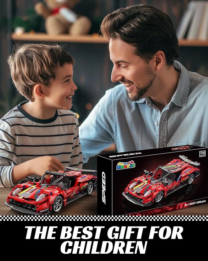 1:18 Technic Super Sports Cars Model Sets - 426 PCS Red MOC Building Block Car Raceing Engineering Toys - Gift Idea for Adults Boys Girls for Play and Display Collection