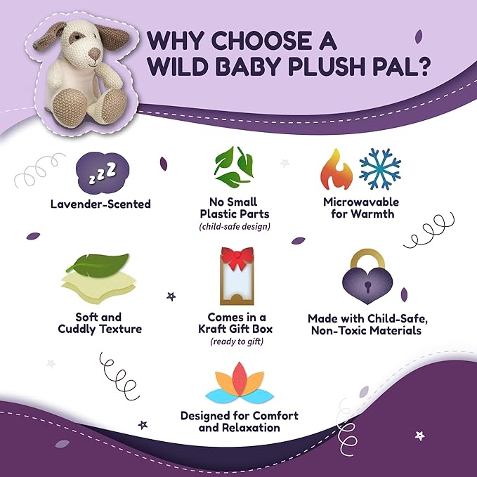 WILD BABY Microwavable & Weighted Plush Toy - Dog Stuffed Animal for Comfort & Warmth - Soft, Heatable Plushie for Snuggles - Great for Kids, Toddlers & All Ages