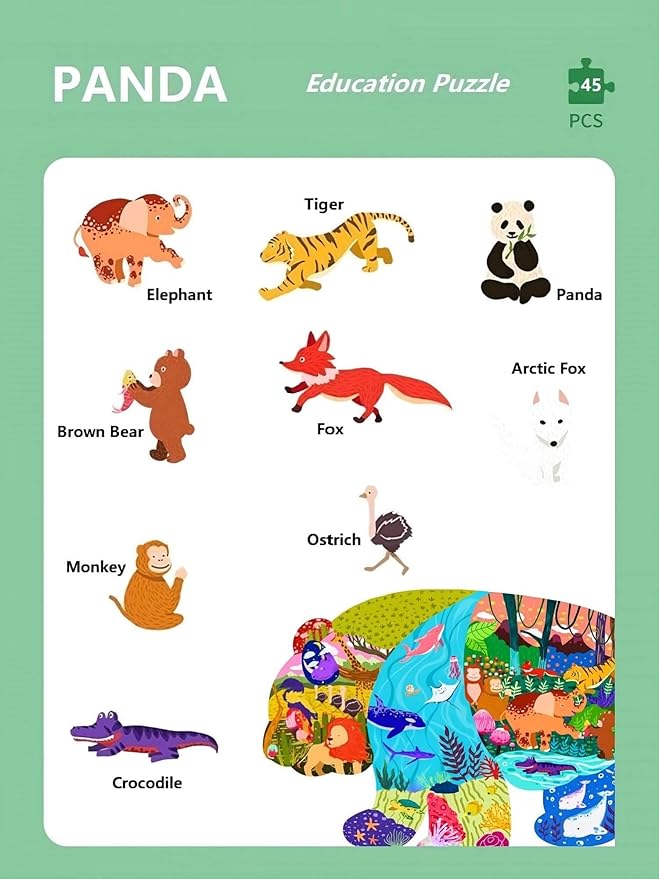 Floor Puzzles for Kids Ages 3-5, 4-6, Big Pieces Jumbo Puzzles Colorful Animal Shaped Puzzle Learning Educational Toys Games Gifts for Children(Panda-45 Pieces)