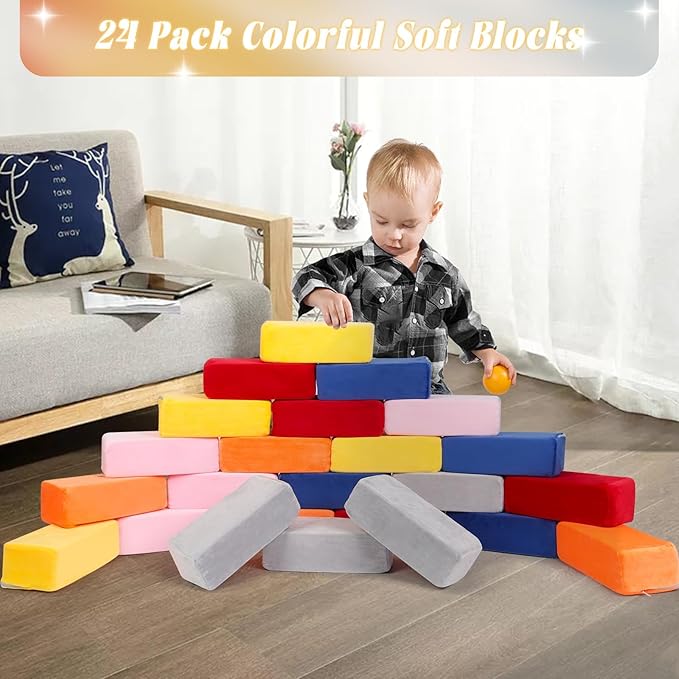 Foam Building Blocks for Kids，24 Pack Soft Foam Blocks for Toddlers, Large Stacking Building Block Toys Set Gifts for Boys and Girls