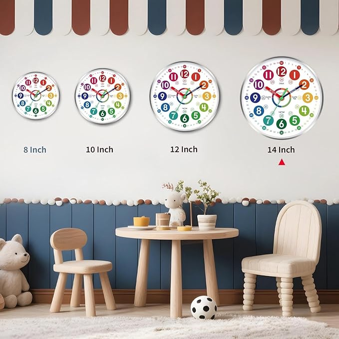 Wall Clock for Kids Learning - Teaching Time Wall Clocks Battery Operated Silent Non Ticking - Analog Colorful Clock Decorative for Kids Room Classroom School(14 Inch&Silver)