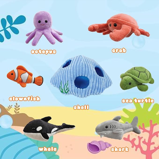 6pcs sea Finger Puppets with a Shell House, Novelty Animals Toys Puppet for Kids, Storytelling Role-Playing Plush Finger Puppets Gifts for Boys and Girls