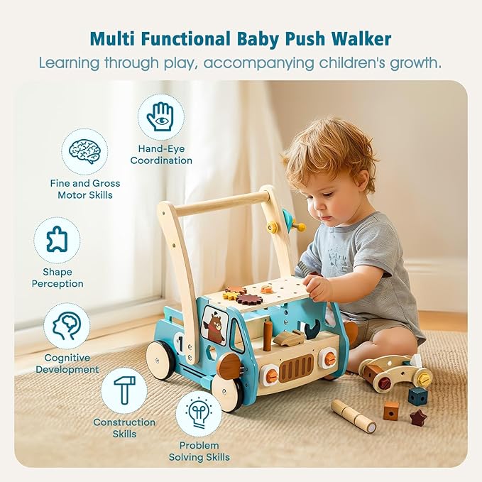 Wooden Baby Walker Adjustable Height with Tool Bench and Toy Storage Wagon - Multifunctional Toddler Push Walker Ergonomically Designed for Natural Walking - 3+ Years of Continuous Use