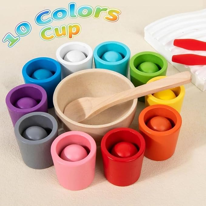 Rainbow Balls in Cups Toddler Toys, Kids Color Classification Cup Game, 10 Color Classification Beads, Wooden Colors Sorting Toy with 10 Ball, Learning Colors Sorting and Counting(10 Color)
