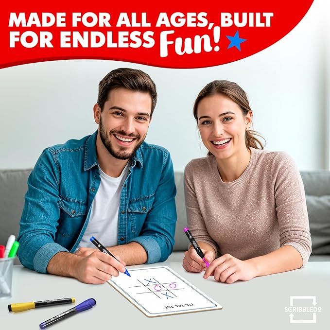 SCRIBBLEDO Tic Tac Toe Game Dry Erase Board 9x6 Inch Double-Sided Whiteboard Reusable Classroom Learning Tool Fun Drawing Writing Table Games for Seniors Small Board for Home & School