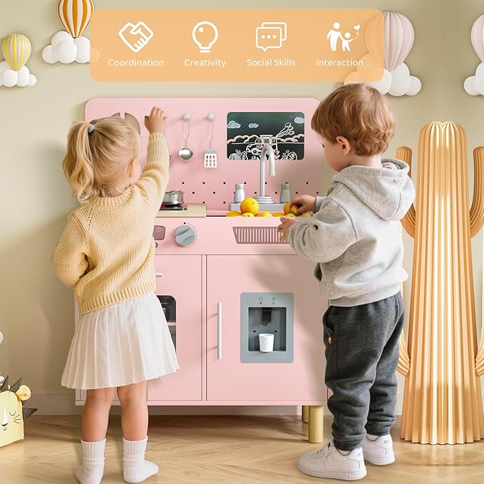 MAMIZO Wooden Kids Play Kitchen Set with Real Lights & Sounds, Interactive Pretend Kitchen with Knob Sounds, Sink, Water Dispenser, 6 Pcs Cookware & Chalkboard Panel for Toddlers and Children (Pink)