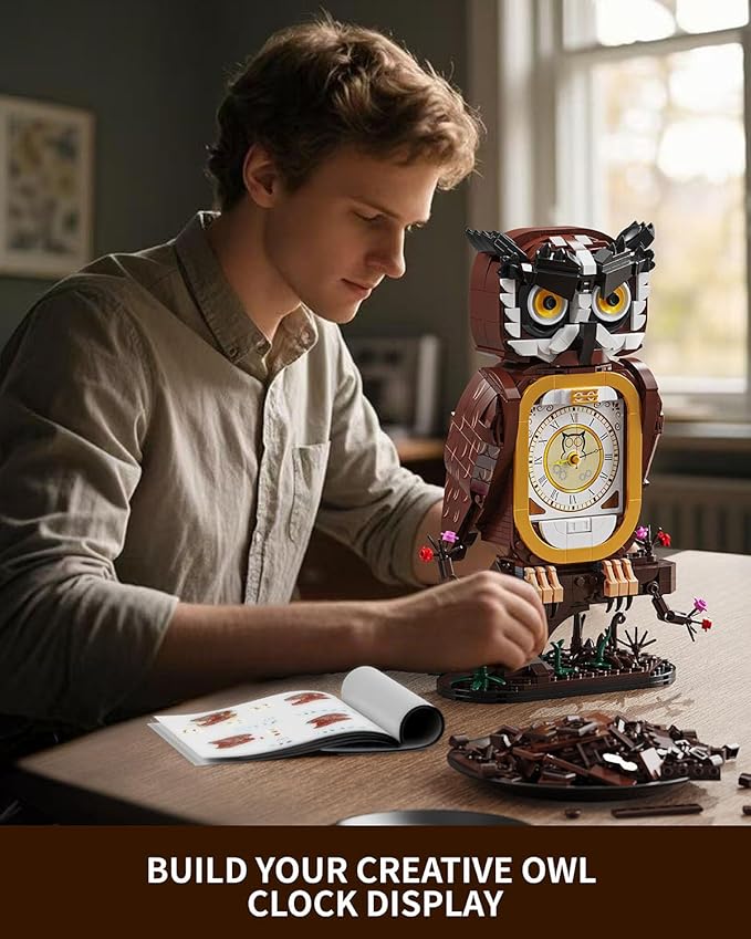 Owl Clock Building Blocks Set, STEM Building Toys with Functional Clock, Collectible Bird Display Model for Home Decor, Creative Gift for Adults & Boys 8-14 (964Pcs)