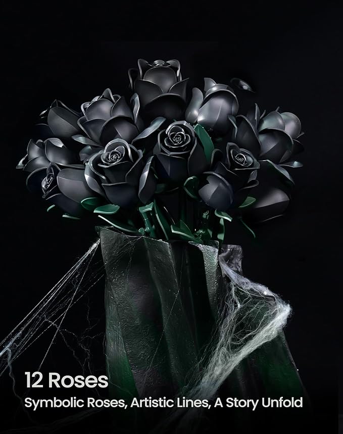 iATOM Black Rose Bouquet Building Set, Halloween Artificial Flowers Kit for Adults - Gothic Horror Retro Botanical Collection, Home Office Table Centerpiece Decor - IA11001