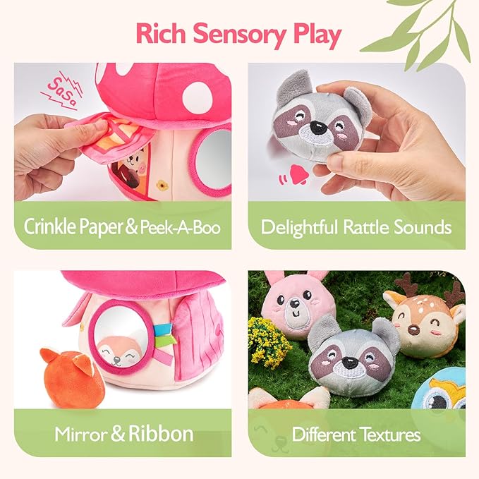 hahaland Baby Toys 6-12 Months - Montessori Toys for 6 Month Old Girl, My First Mushroom House with Stuffed Jungle Animals, Rattle, Crinkle Paper, Mirror, Sensory Toddler Toy for 1 Year Old Girl Gifts